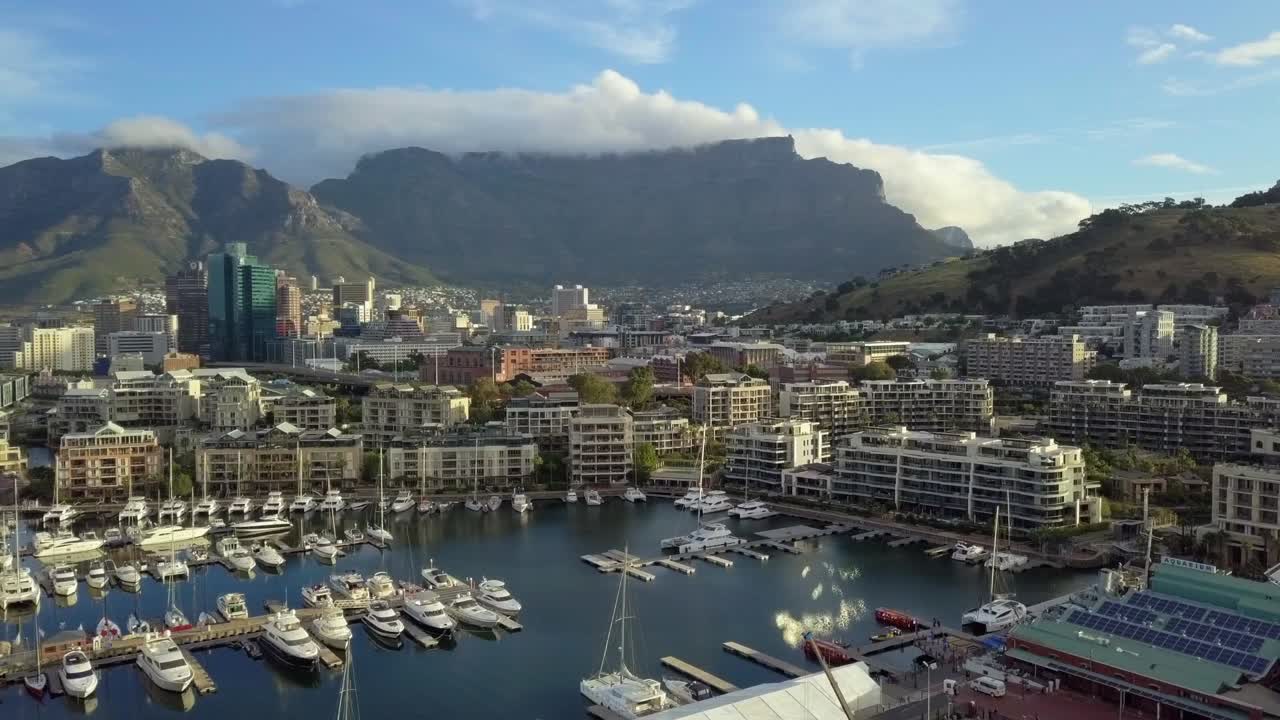 Aerial shot of Waterfront precinct of Cape Town, against the backdrop of Table Mountain, Cape Town, South Africa