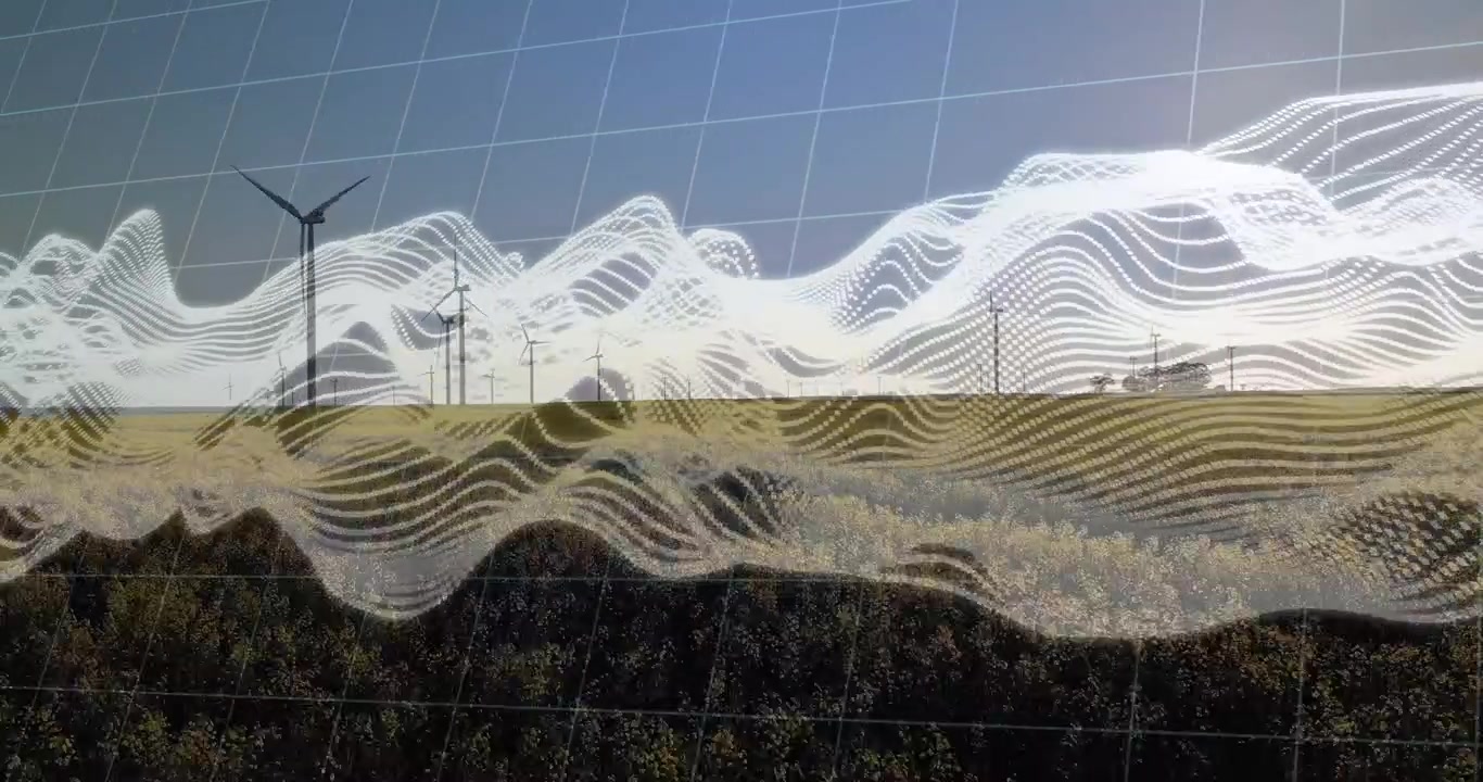 Orizzonte di un parco eolico che invia dati dai sensori e mostra visualizzazioni a forma d'onda stratificate sulla rete energetica.