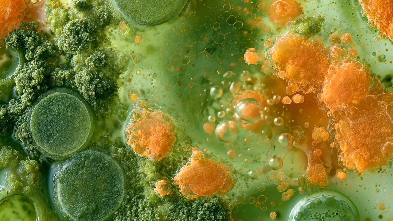 Vista macro astratta di liquido verde e arancione che ribolle