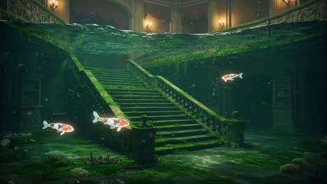 an enigmatic underwater scene showcasing koi fish swimming amongst abandoned architecture, evoking a mysterious atmosphere and blending nature with human artifice