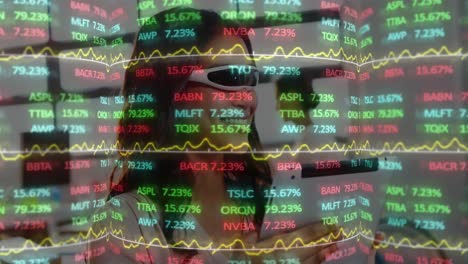 animación del procesamiento de datos financieros sobre personas de negocios que usan auriculares vr