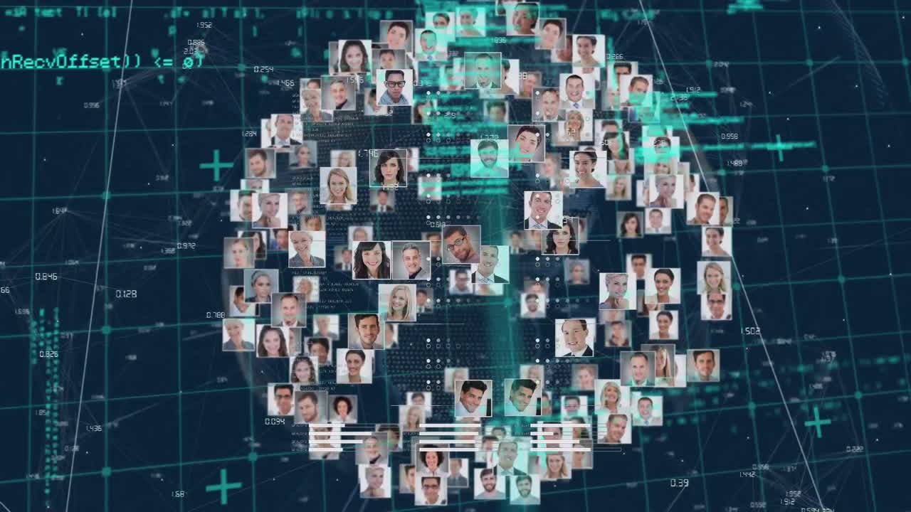 Digital animation of globe of business profile icons spinning and data processing on blue background