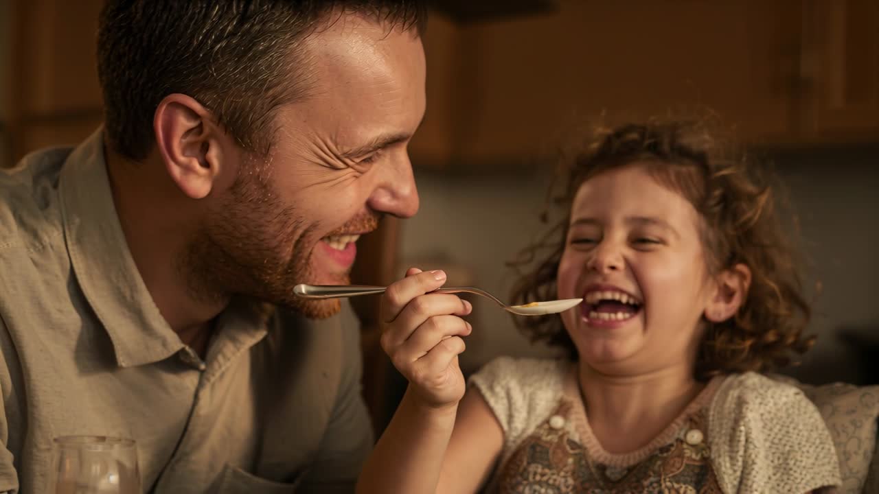 Padre alimentando, ofreciendo una cuchara a la niña en la mesa de la cocina; la niña bromeando, riendo, con una blusa estampada.