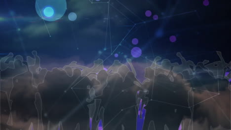 digital network animating over cheering crowd silhouettes, connecting glowing purple and blue nodes