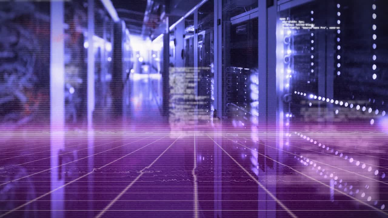 floor grid activating code scrolling lens flare sweeping server corridor visualizing data flow