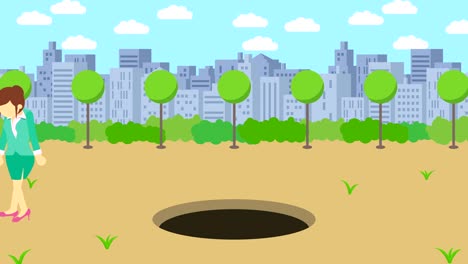 business woman jump over the hole. background of town. risk concept. loop illustration in flat style.