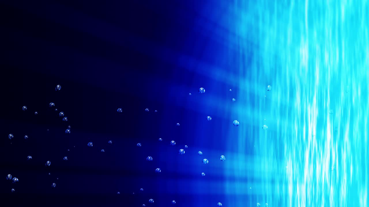 물 표면으로 올라오는 수중 거품, 푸른 바다가 밝은 광선을 비추고, 바다에서 물 거품, 루프 애니메이션.