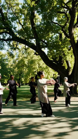 group practicing tai chi in a park