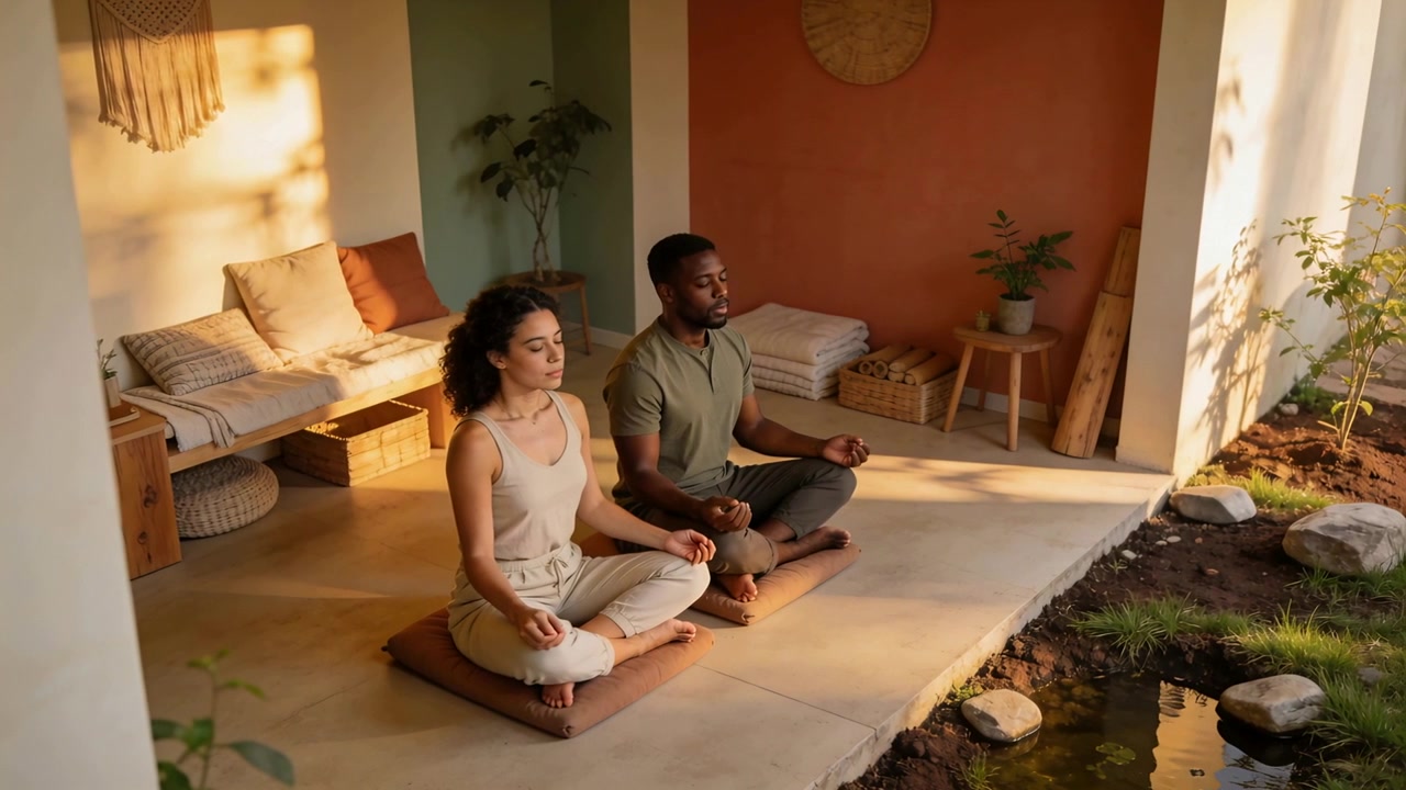 Due adulti che meditano, seduti a gambe incrociate in abiti casual su cuscini in un portico, con la luce del sole che si sposta e uno stagno.