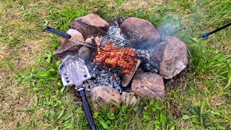 shot of chicken getting roasted outdoor during daytime on bonfire