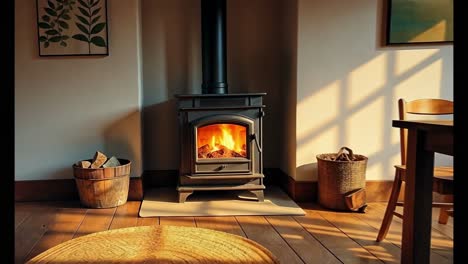 cozy living room with wood stove and sunlight