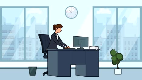 flat cartoon businesswoman happy character  workplace near computer office animation