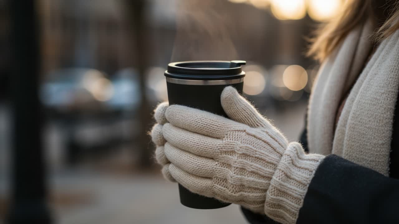 A Cozy Moment: Enjoying a Warm Beverage in Comforting Gloves During a Chilly Evening Stroll, Capturing the Essence of Winter's Outdoor Charm
