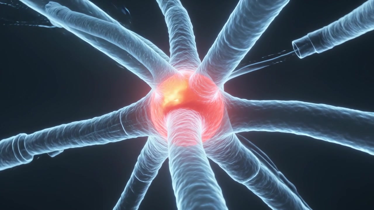 Pulsierendes Neuron mit beleuchtetem Soma reagiert auf eine von rechts eindringende Sonde im Labor, Funken sprühend für die Studie.