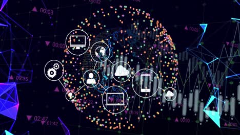 animation of data processing over globe with icons
