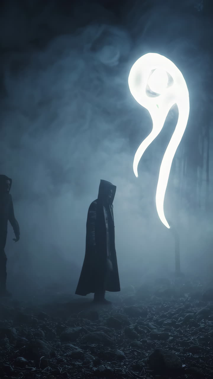 Mysterious Figures in Foggy Forest at Night