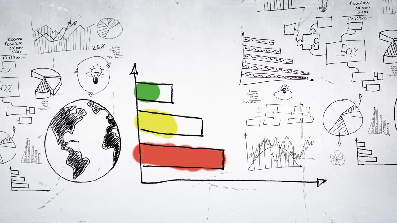 compuesto digital de un gráfico de barras con iconos de vectores de negocios aleatorios