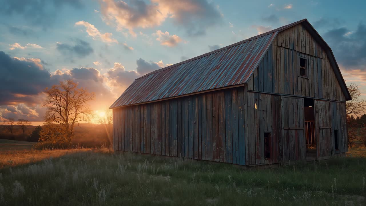 Sinking sun bathing wooden barn and leafless tree in fading golden light and stretching shadows