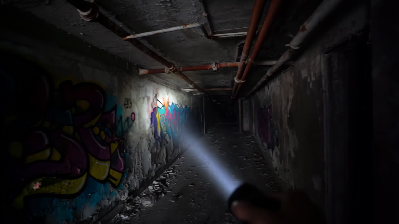 Exploring a Dark, Graffiti-Filled Abandoned Corridor with a Flashlight