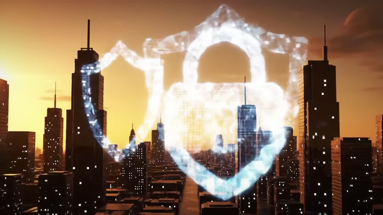 A Stunning Visualization of Security Concepts in an Urban Landscape at Sunset, Featuring Digital Locks and Keys Symbolizing Protection and Access Control