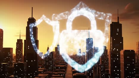 a stunning visualization of security concepts in an urban landscape at sunset, featuring digital locks and keys symbolizing protection and access control