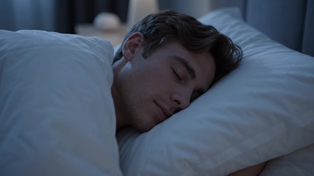 Sonno tranquillo: un giovane trova conforto nel sonno, il suo dolce sorriso illumina l'atmosfera calma mentre una luce soffusa filtra attraverso una camera da letto serena.