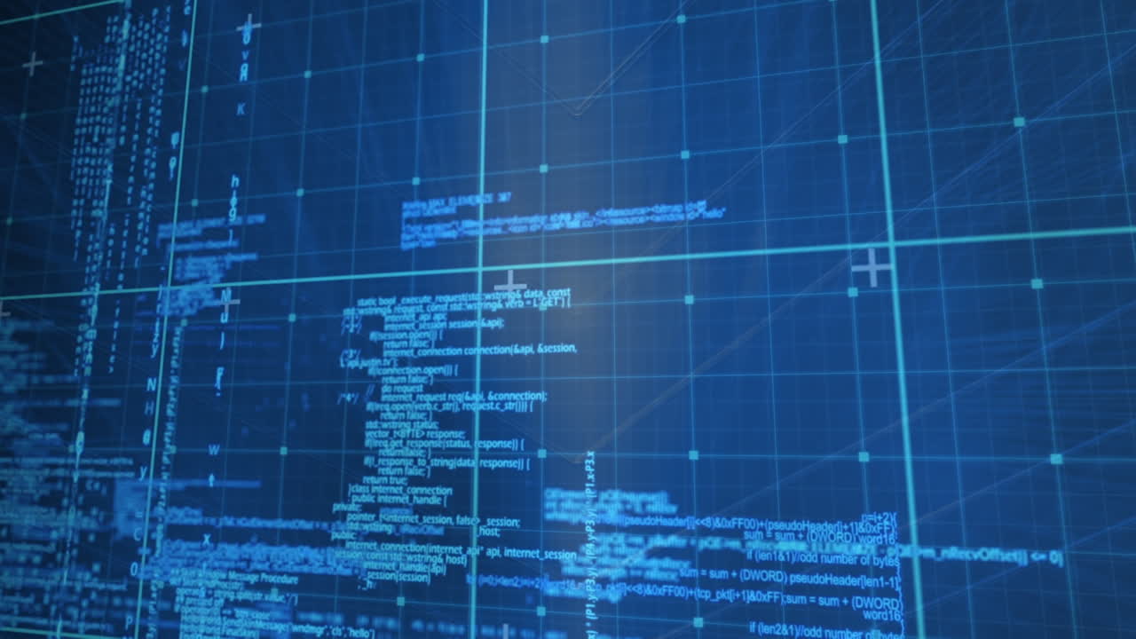 animación del procesamiento de datos y la cuadrícula sobre fondo azul