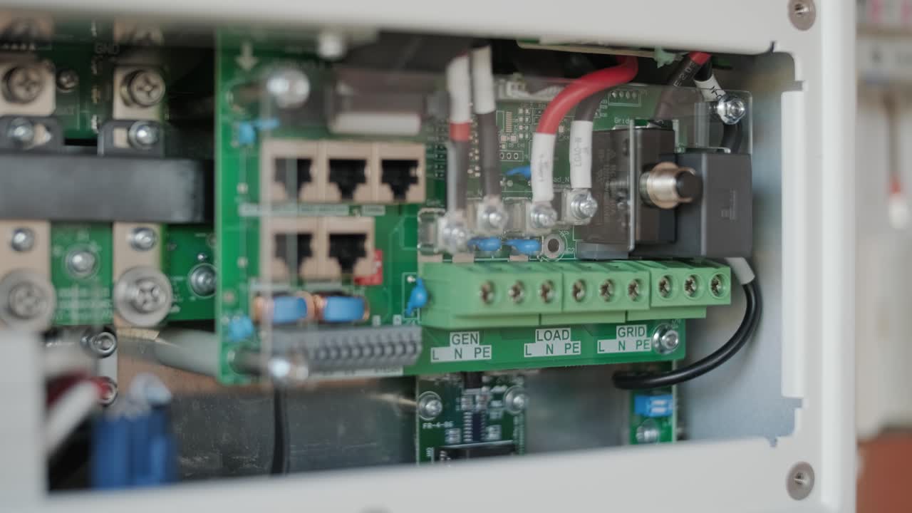 집에 인버터를 설치하는 전기 기술자. 이 이미지는 전기 작업에서 기술적 기술, 현대적인 도구 및 안전에 대한 주의를 보여줍니다.