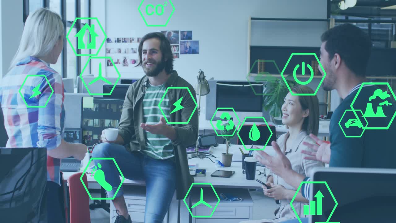 Animation of multiple icons over diverse coworkers discussing during tea break