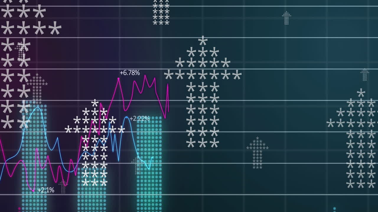 animación de estadísticas y flechas blancas apuntando hacia arriba moviéndose sobre la cuadrícula sobre fondo verde
