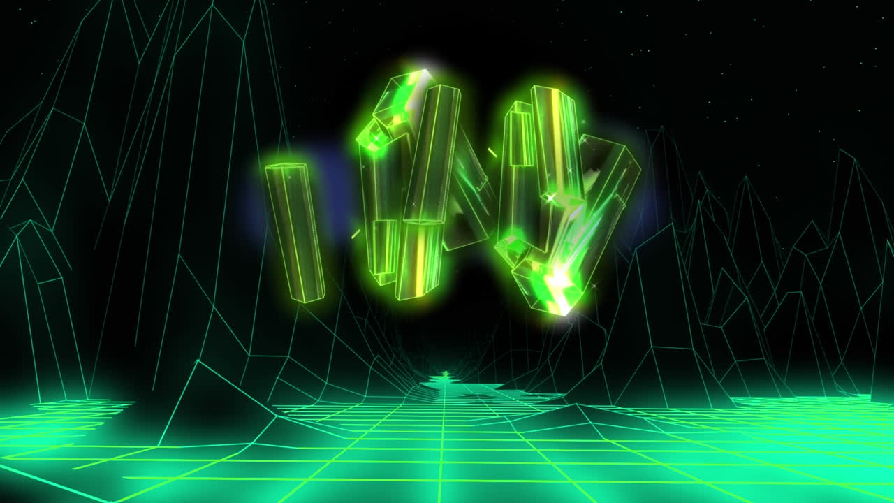 반사 3d 금속 녹색 모양은 검은 바탕에 쳐져 있으며 아래는 녹색 격자입니다.
