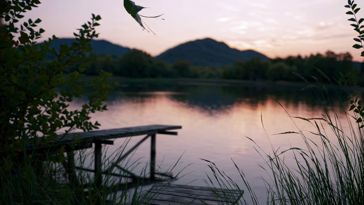 Serene lakeside at sunset, captured from a low angle