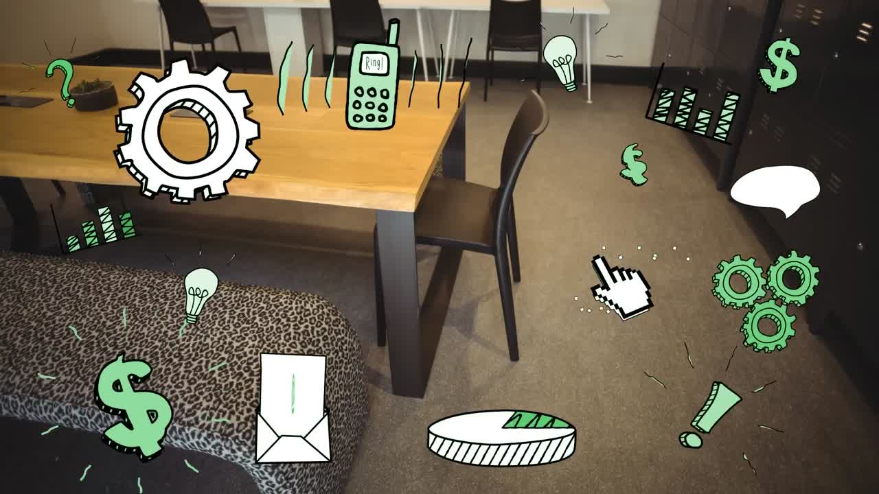 animación de iconos de negocios y oficinas sobre la oficina