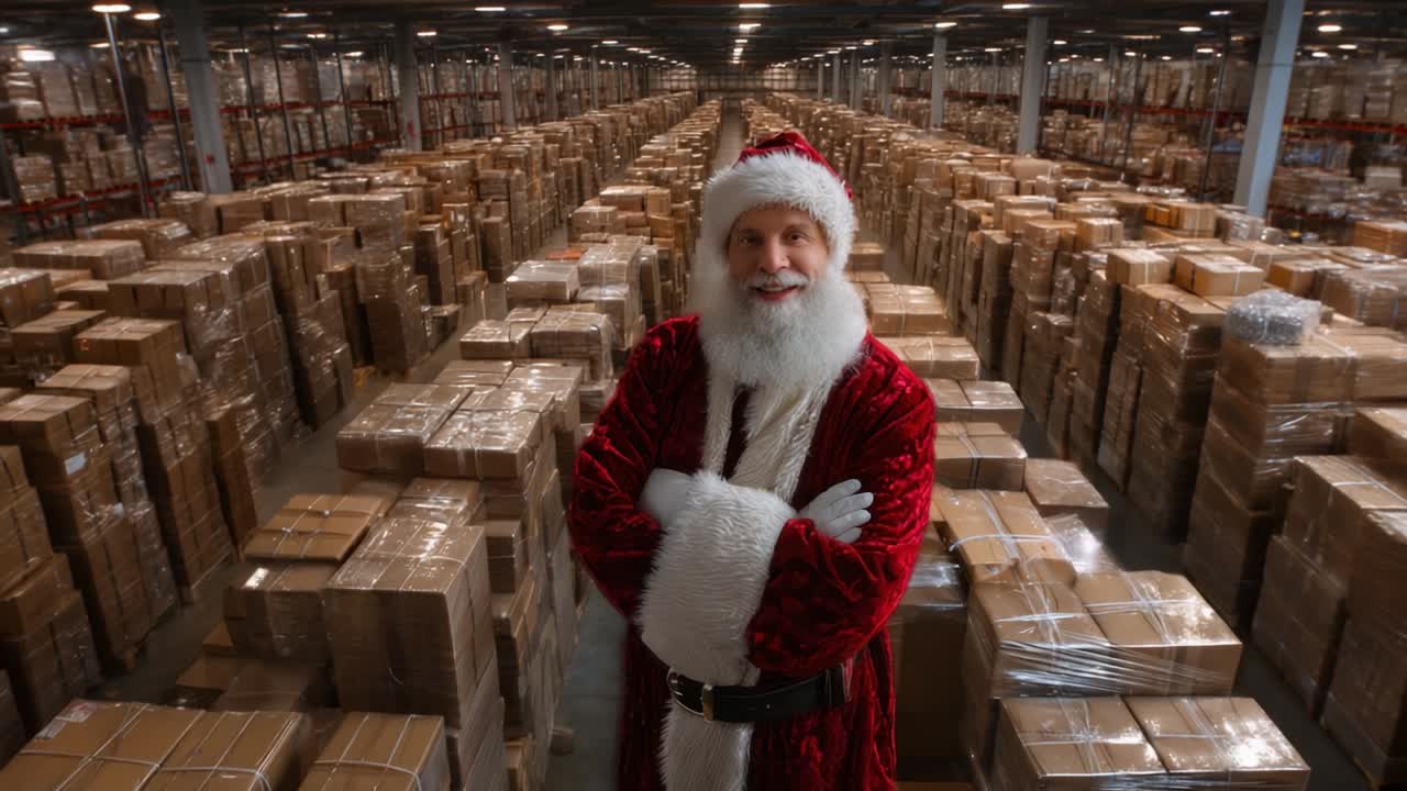 A Joyful Santa Claus Overseeing a Sea of Surrounded Christmas Packages in a Well-Organized Warehouse Ready for the Holiday Season, Representing the Spirit of Gifting and Happiness Across Generations