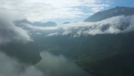 aerial drone shots of geiranger fjord, norway. it is a 15 kilometre (9.3 mi) long branch off of the sunnylvsfjorden, which is a branch off of the storfjorden