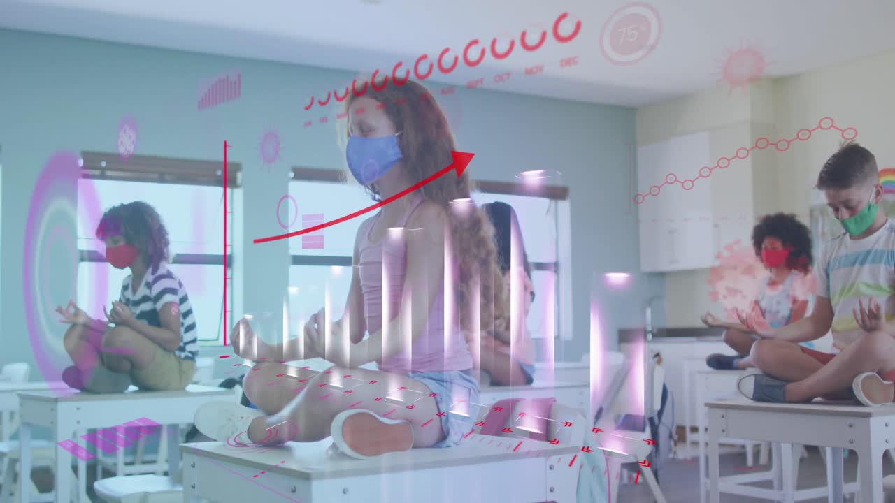 사무실에서 마스크를 쓰고 있는 동료들과 함께 통계를 보여주는 디지털 인터페이스의 애니메이션