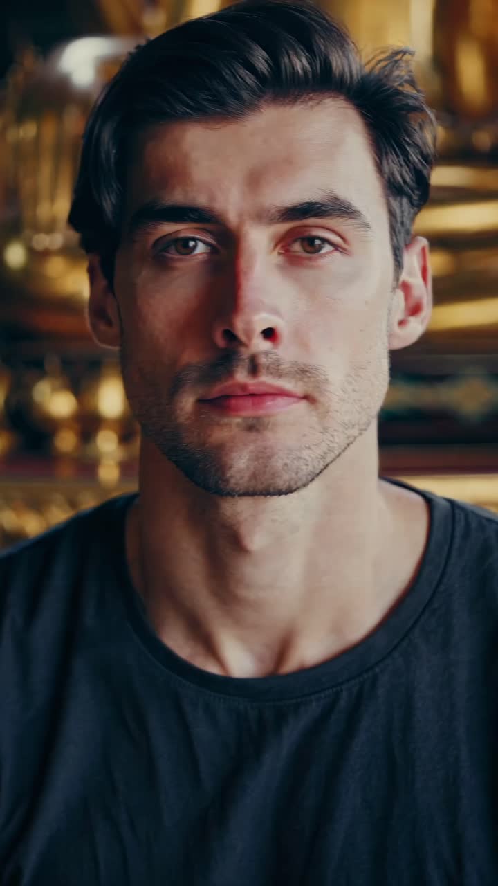 Confident young man with short brown hair and beard wearing a dark t shirt posing in an elegant location with golden decorations in the background