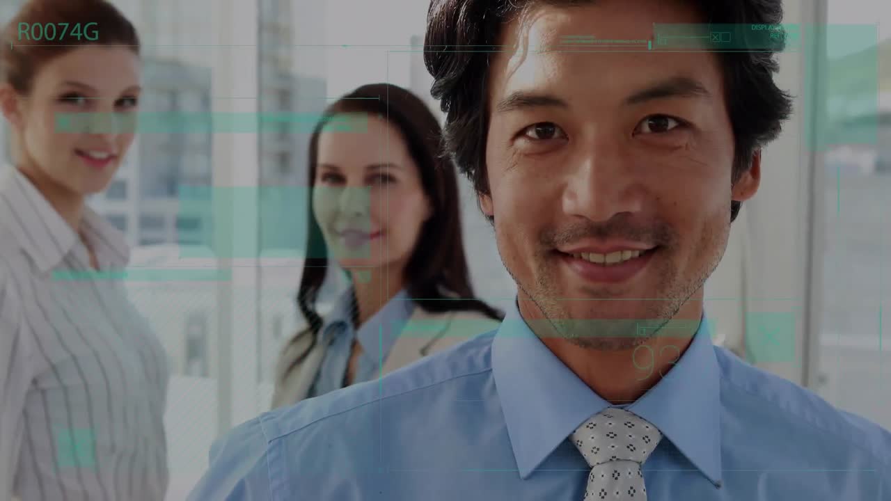 電話ヘッドセットを着用したビジネスマンに対する統計とデータ処理のアニメーション