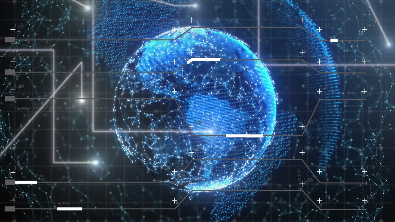 Animation of binary coding, data processing on screens and globe