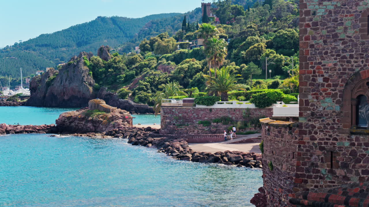 View of the Chateau de la Napoule Castle in Mandelieu-La Napoule, France on the shore of the Mediterranean Sea
