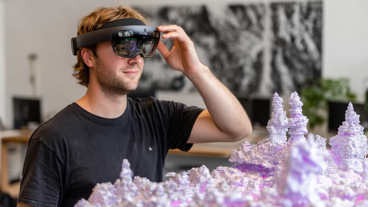 Exploring Virtual Reality: A Young Man Engages with 3D Visualization Using Advanced Augmented Reality Headset Technology in a Modern Workspace Environment