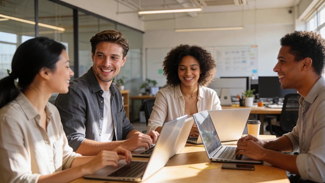 Curly speaking, colleagues laughing, typing on laptops in open office for project, business attire