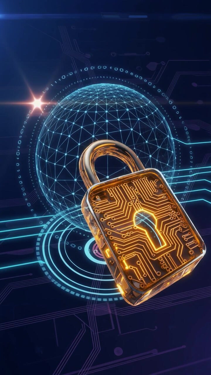 Digital Padlock Appearing Over a Glowing Network Sphere