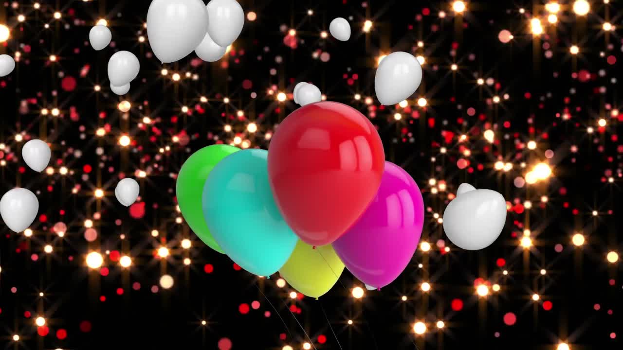 animación de globos coloridos que vuelan sobre luces brillantes