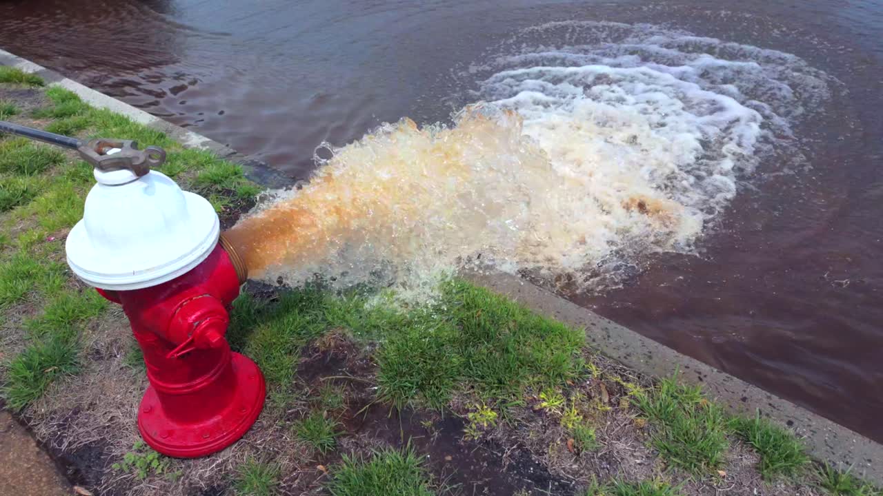 A low angle shot of a red and white fire hydrant spraying rusty water onto the street on a sunny day