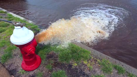 A-low-angle-shot-of-a-red-and-white-fire-hydrant-spraying-rusty-water-onto-the-street-on-a-sunny-day