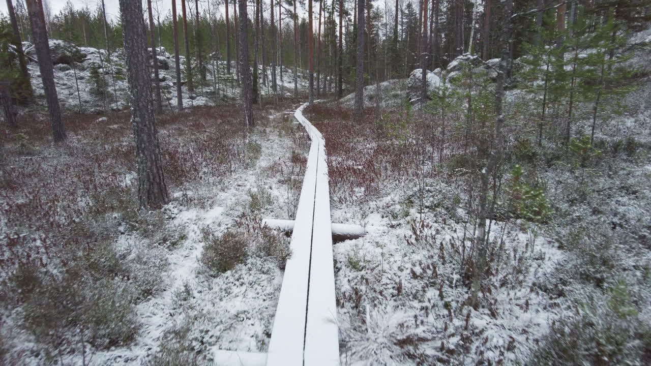 First person view duckboards walking on a first snow in a forest.