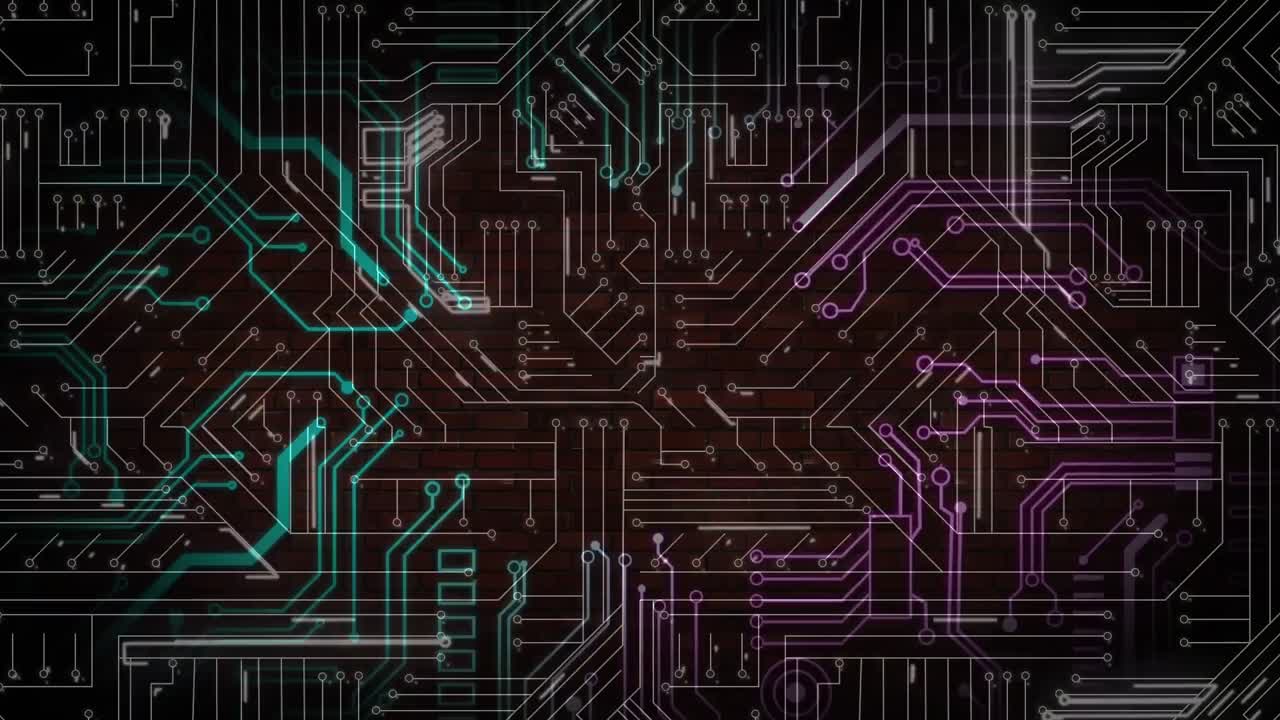 Animation of data processing on glowing computer circuit board