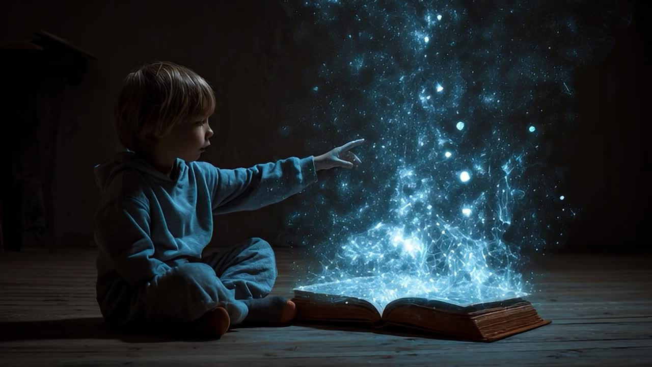 Un bambino scopre la magia in un libro incantato di notte