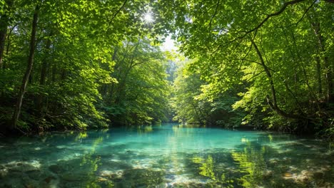 a serene oasis of tranquility: discover the captivating beauty of a crystal-clear river surrounded by lush green foliage and sunlight streaming through the trees